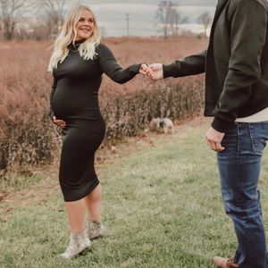 Black Ribbed Long Sleeve Mock Neck Maternity Midi Dress Pinkblush